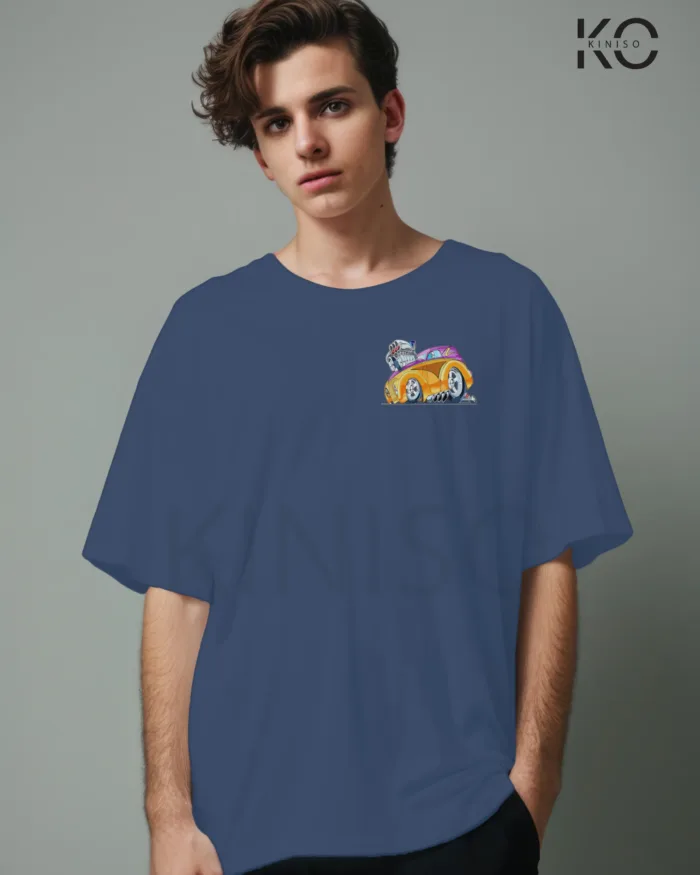 Image of Glaucous Blue color drop shoulder t-shirt with Racing Car Engine Print for men at reasonable price